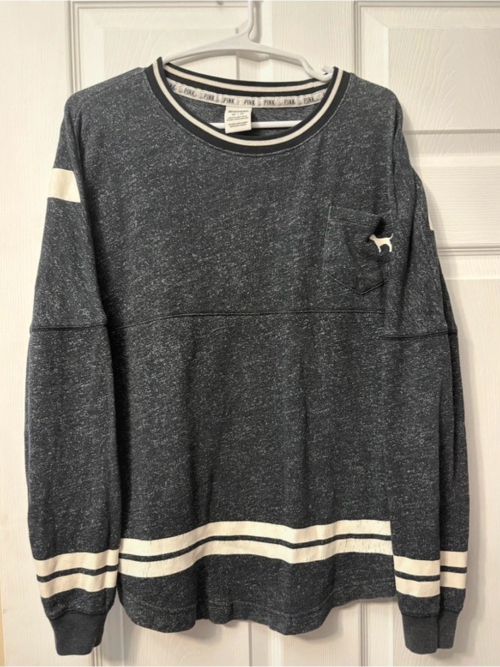 PINK Victoria's Secret Navy Heather Crewneck with White Stripe Accents